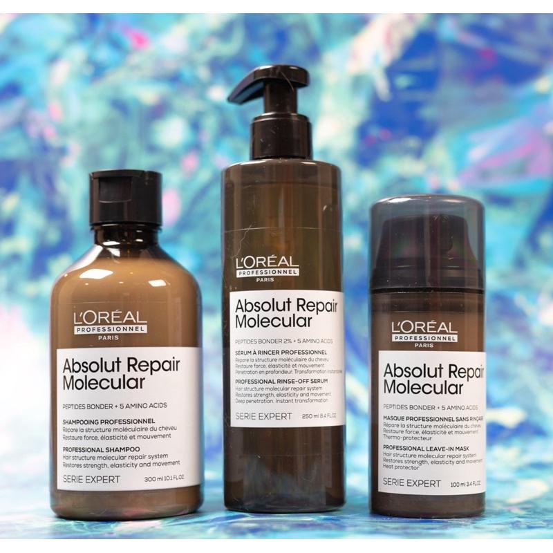 Bộ dầu gội xả Serum hấp ủ L'Oreal ARM Absolute Repair Molecular siêu phục hồi cấp phân tử Peptides (xám)