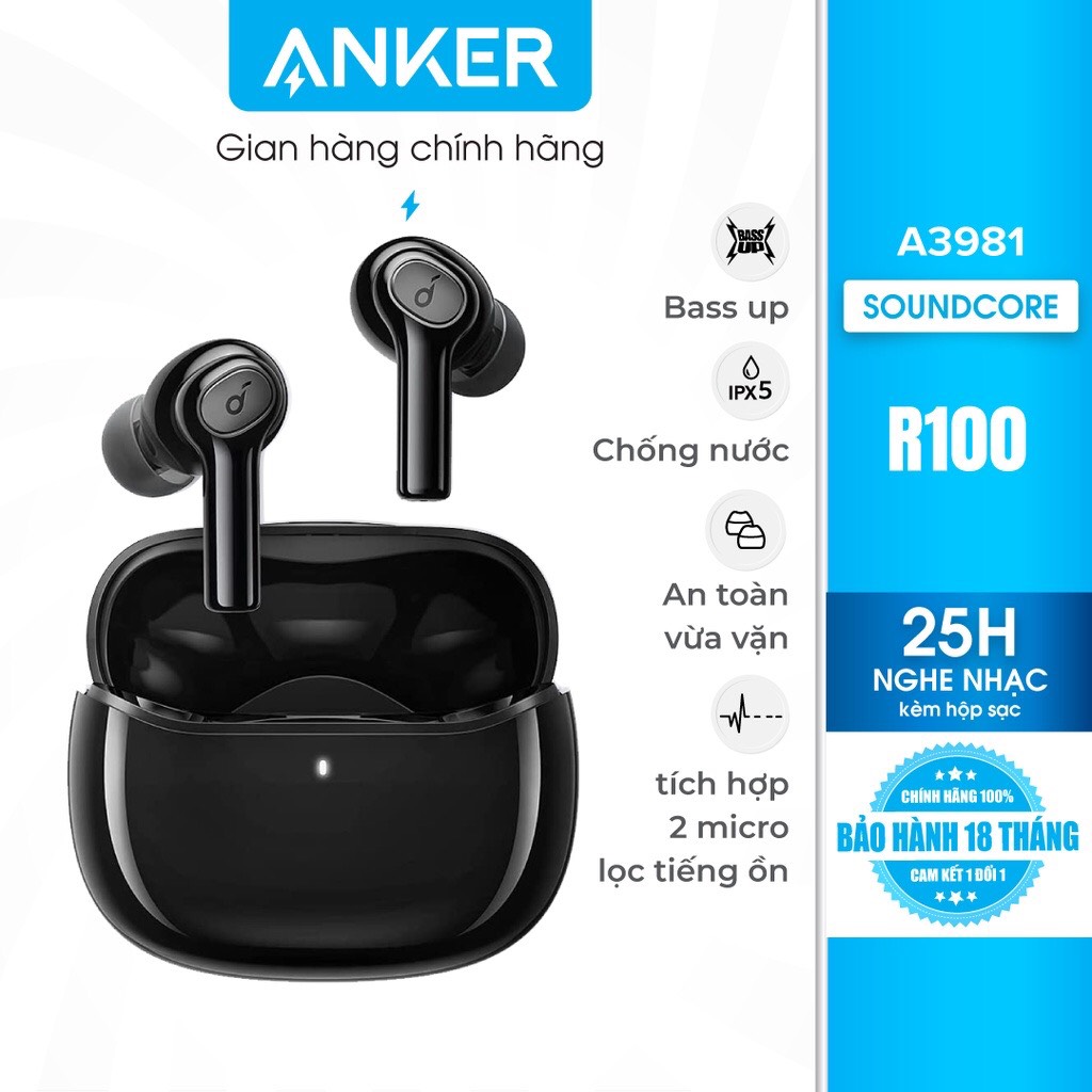 Tai Nghe ANKER Soundcore R100 - True Wireless, Công Nghệ Bassup, Sạc Nhanh, 25H Chơi Nhạc, Bluetooth 5.0, Kháng NướC IPX5, 2 Micro