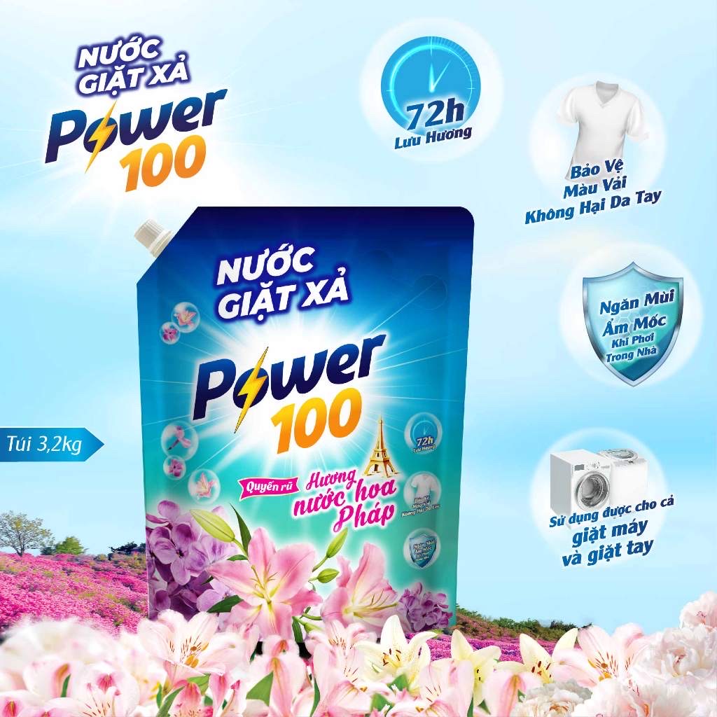 Túi Nước Giặt Xả POWER100 Hương Nước Hoa Pháp 3.2KG