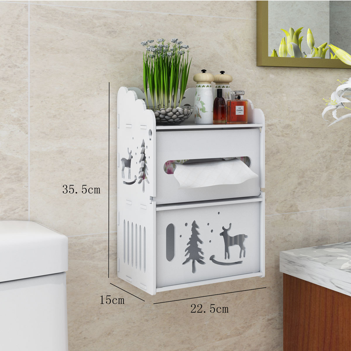Kệ treo nhà tắm không khoan tường tủ đựng mỹ phẩm kệ dán tường đa năng KX73 bằng ván Smartboard chịu nước màu trắng sang trọng