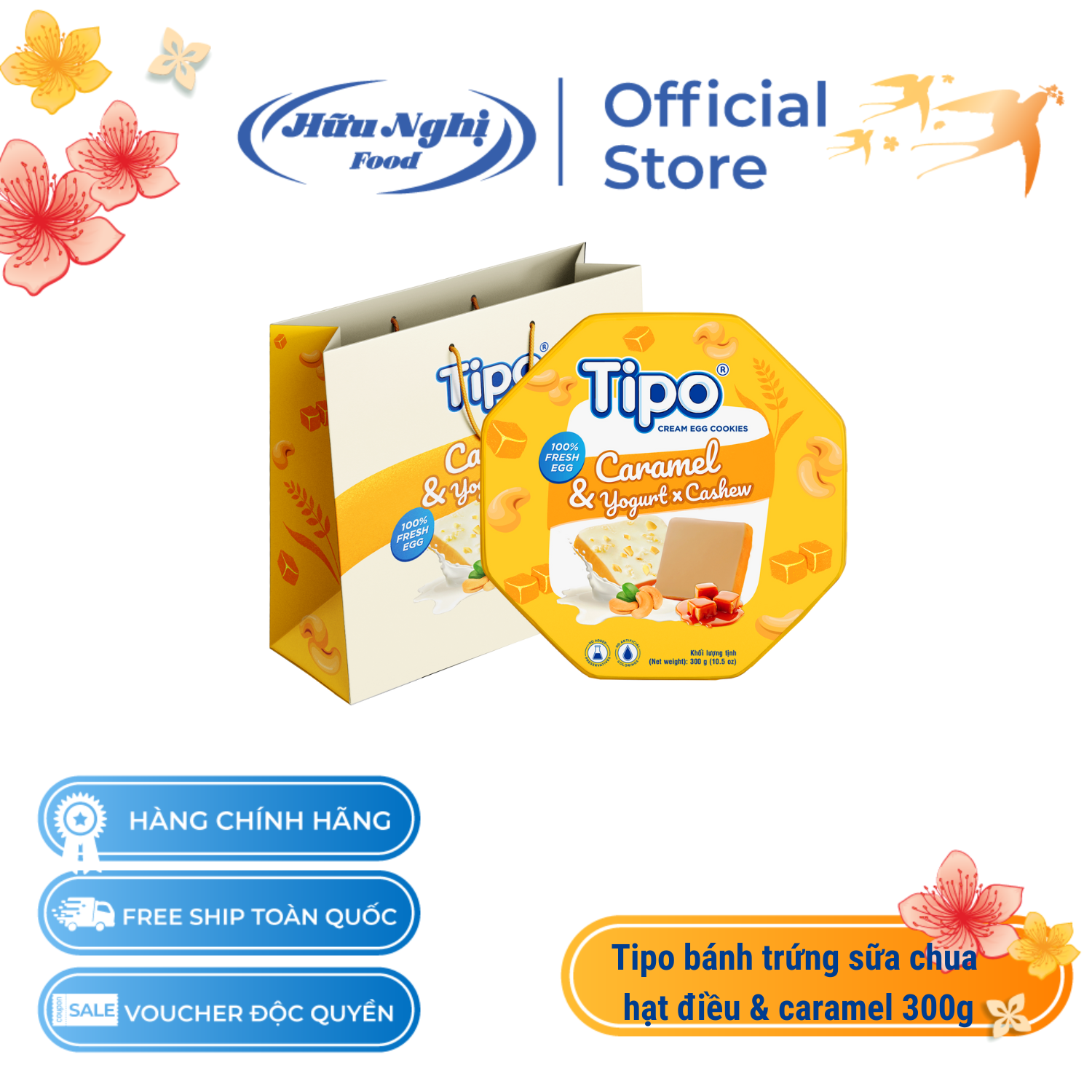 Bánh Tết hộp thiếc Tipo bánh trứng sữa chua rắc hạt điều & caramel 300g