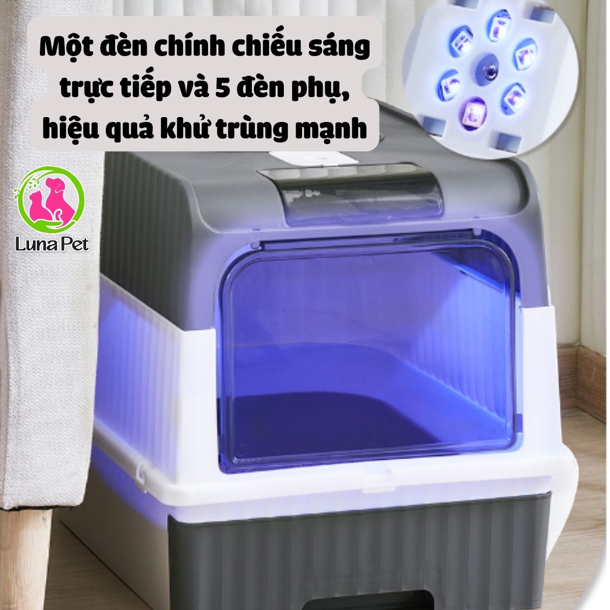 Nhà vệ sinh mèo cỡ lớn  Luna Pet NV06, nhà vệ sinh cho mèo 2 cửa có đèn khử khuẩn UV