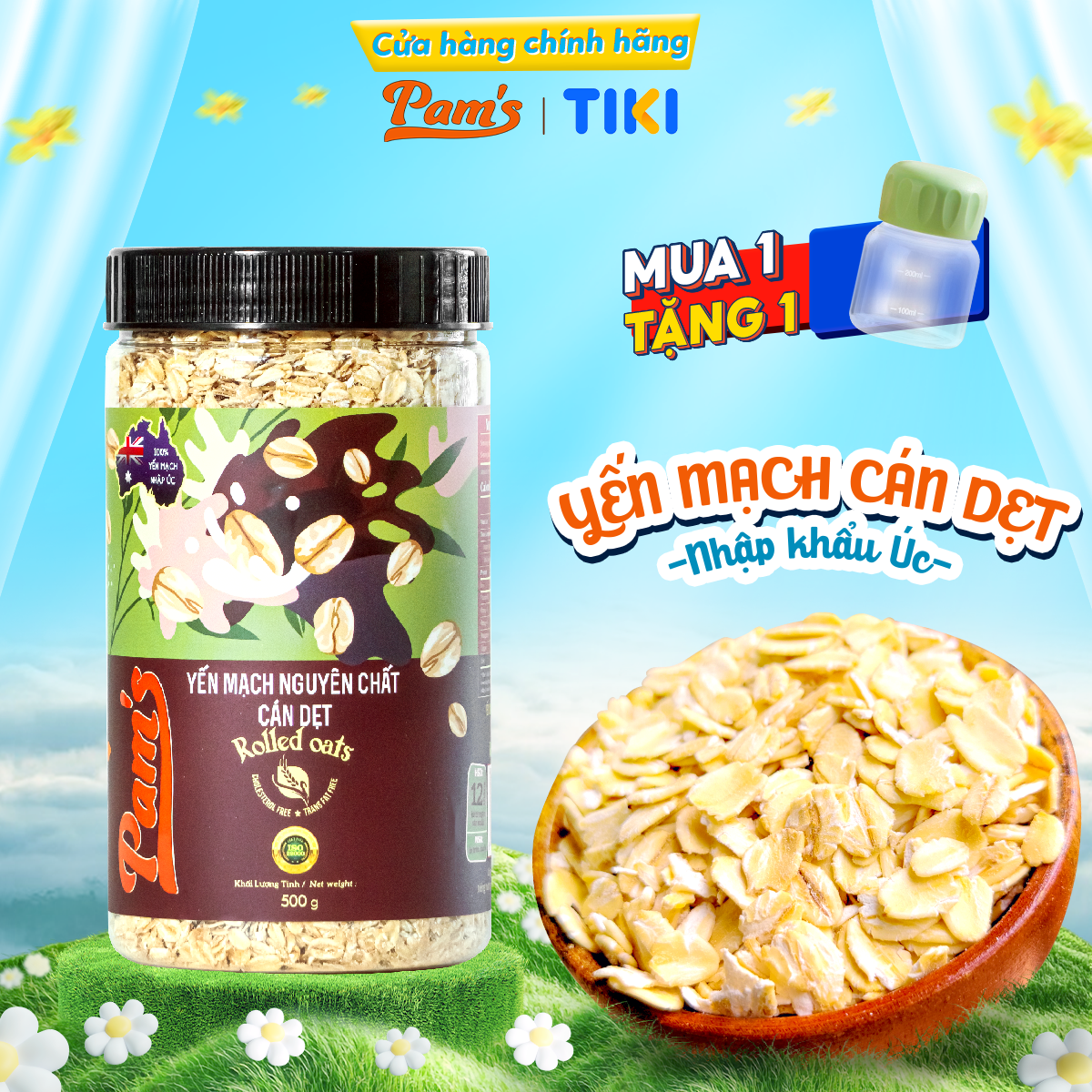 Yến Mạch Cán Dẹt Nhập Khẩu Úc Pams 500g/hũ, Yến Mạch Cao Cấp, Giàu Chất Xơ, Thích Hợp Dùng Ăn Kiêng