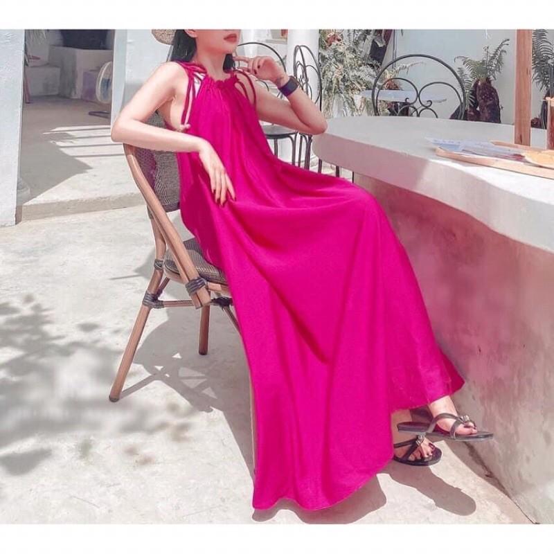 Đầm maxi xòe cổ yếm buộc nơ vải lụa có 4 màu có ảnh thật shop chụp