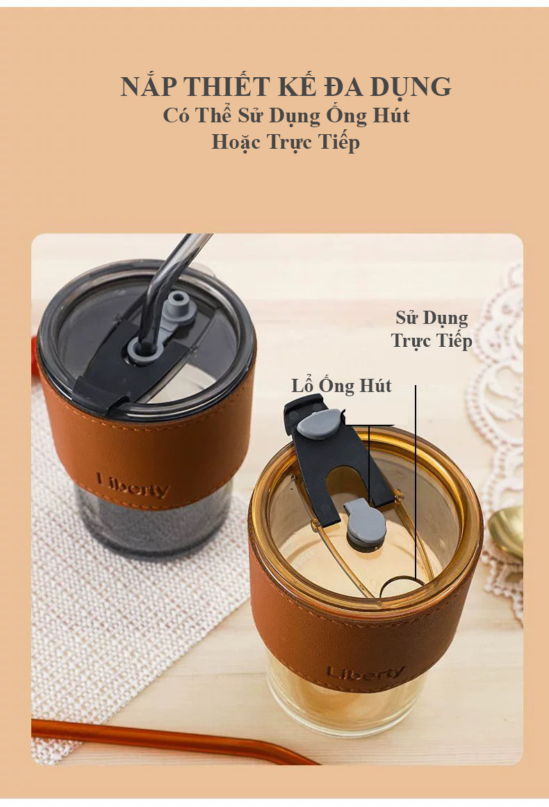 Ly Thủy Tinh Có Nắp và Ống Hút Thể Tích 400ml