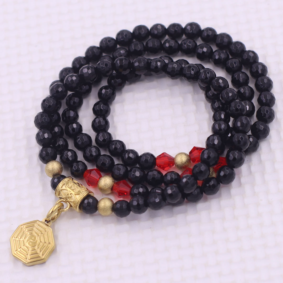 Vòng chuỗi 108 hạt đá thạch anh đen cắt giác 6 ly charm bát quái inox - vòng chuỗi niệm Phật, vòng tay chuỗi hạt