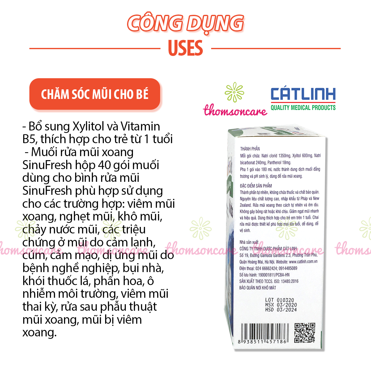 Bình rửa mũi cho bé Sinufresh Kids Cát Linh - Chai 180ml tặng kèm 15 gói muối nano - Dụng cụ có van điều chỉnh