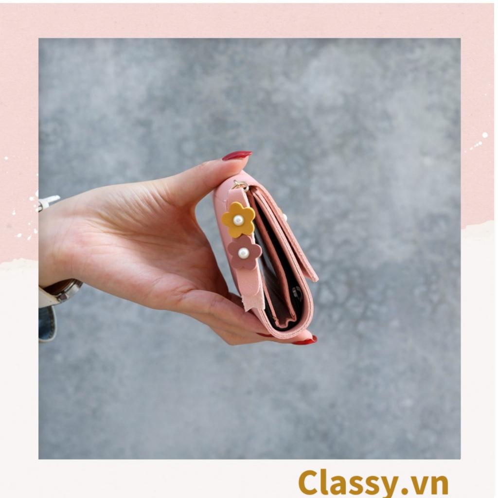 Ví nữ ngắn Classy dạng gập đính hoa, nhiều ngăn đựng thẻ, có nút bấm T1307