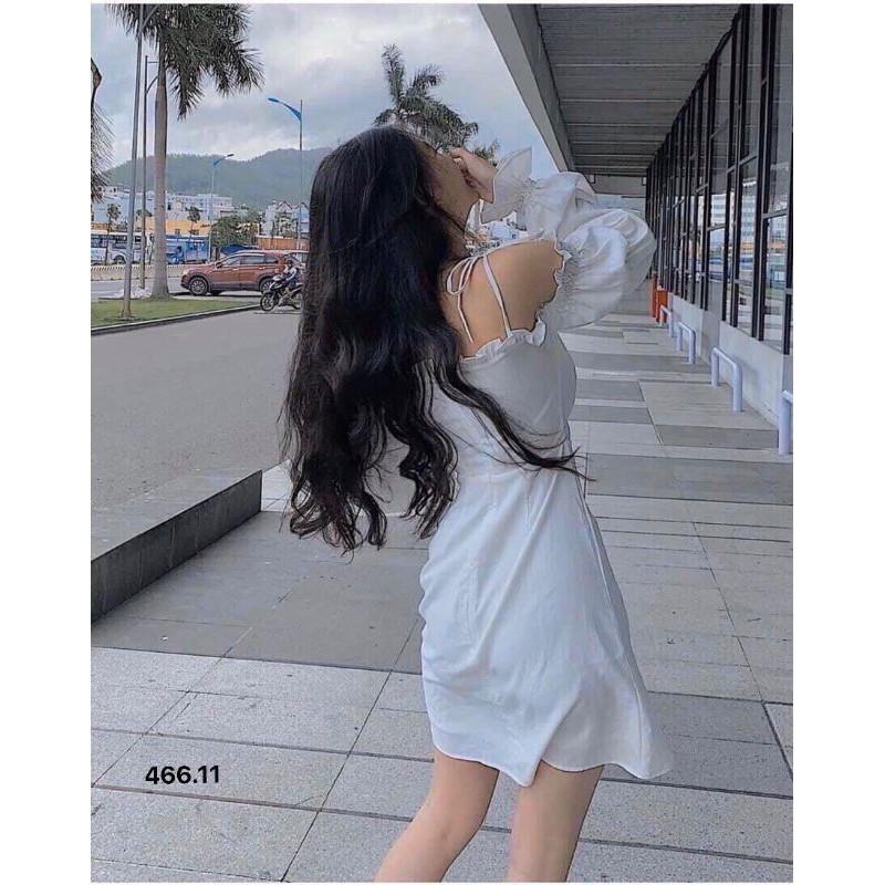 Đầm xòe hai dây buộc nơ vai tay dài dễ thương