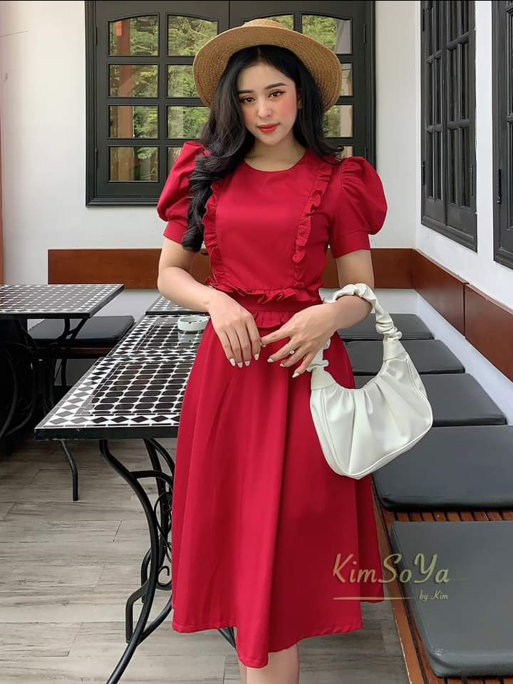 Đầm tay phồng đỏ đô bèo eo vải dày dặn hàng cao cấp