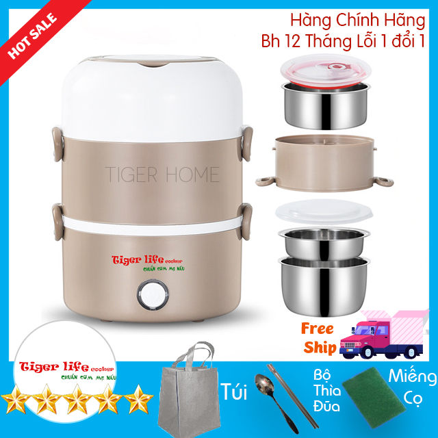 Hộp Cơm Hâm Nóng Và Nấu cơm Inox 3 Tầng, Hộp cơm cắm điện Làm Nóng Bằng Hơi Nước Siêu Tốc model new Tặng Full đồ dùng