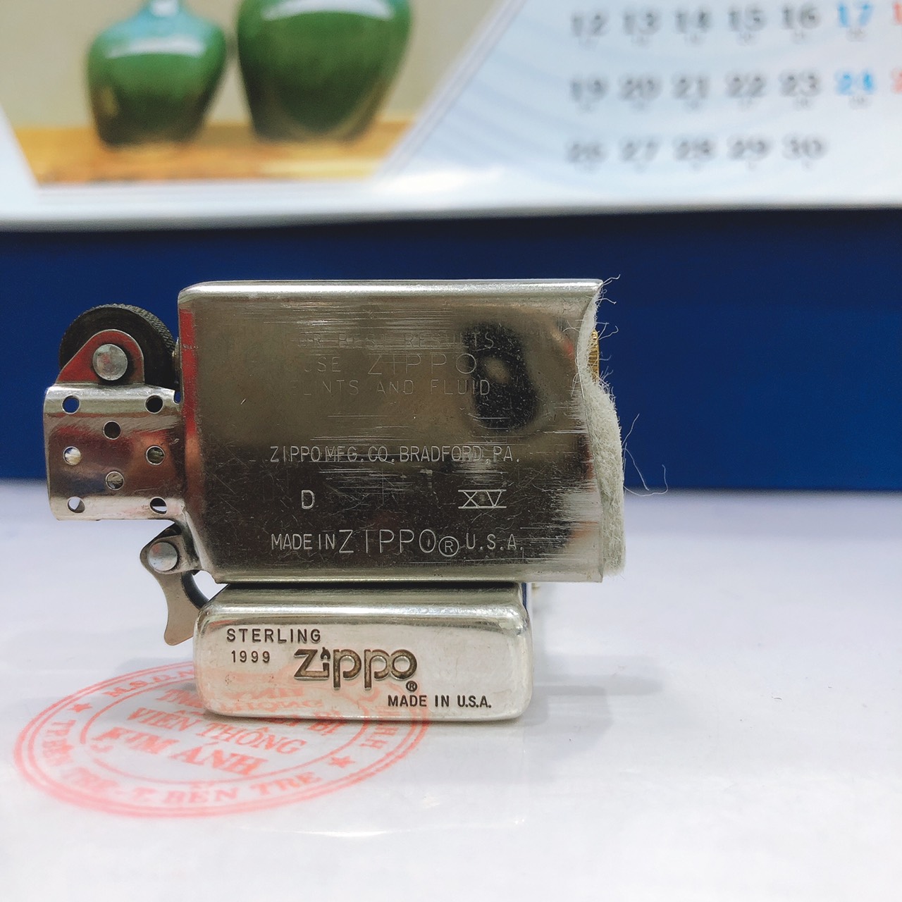 Bật lửa Ziippo Mỹ Slim bạc khối Strerling trơn sản xuất 1999