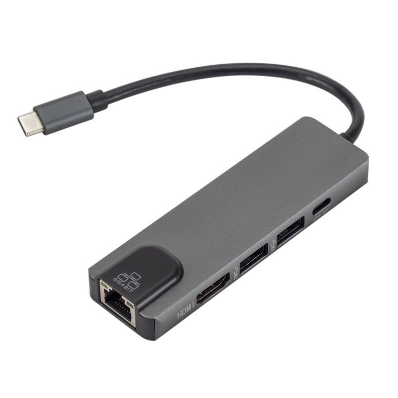 Cáp Chuyển Đổi Adapter USB Type C 5in1 Tích Hợp Cổng Mạng Lan, Sạc Nhanh PD, USB 3.0 Và HDMI