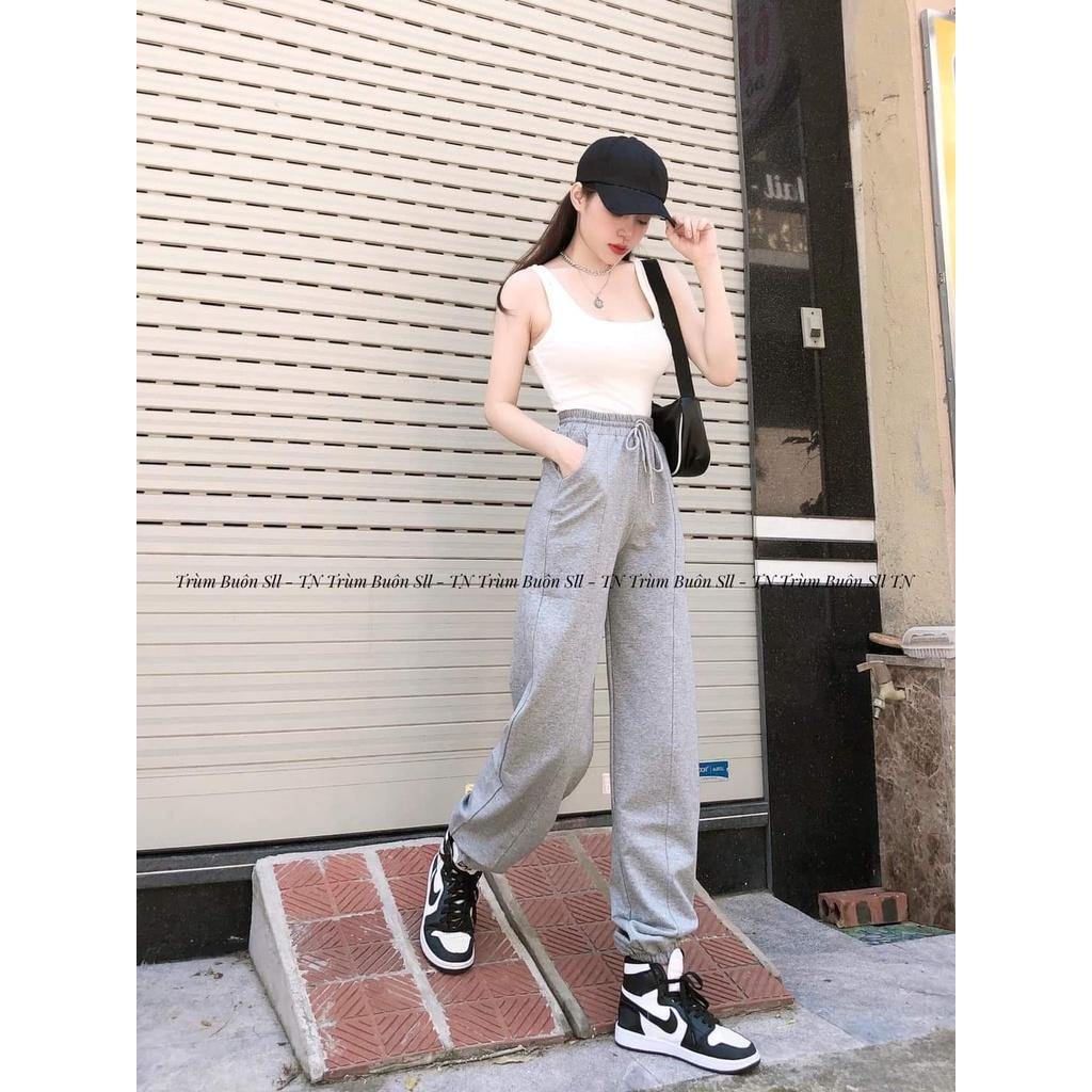Quần jogger nữ bo gấu gân giữa vải thun da cá - Quần Harem lưng cao ống rộng phong cách Ulzzang bo gấu gân giữa