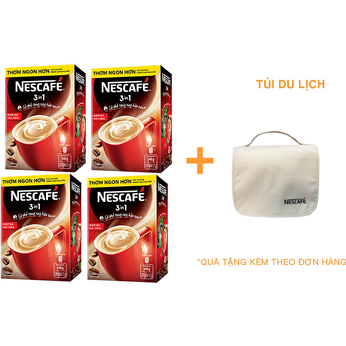 Combo 4 hộp cà phê rang xay hòa tan Nescafé 3in1 Vị Nguyên Bản (Hộp 20 gói x 17g) [Tặng túi du lịch - màu ngẫu nhiên]