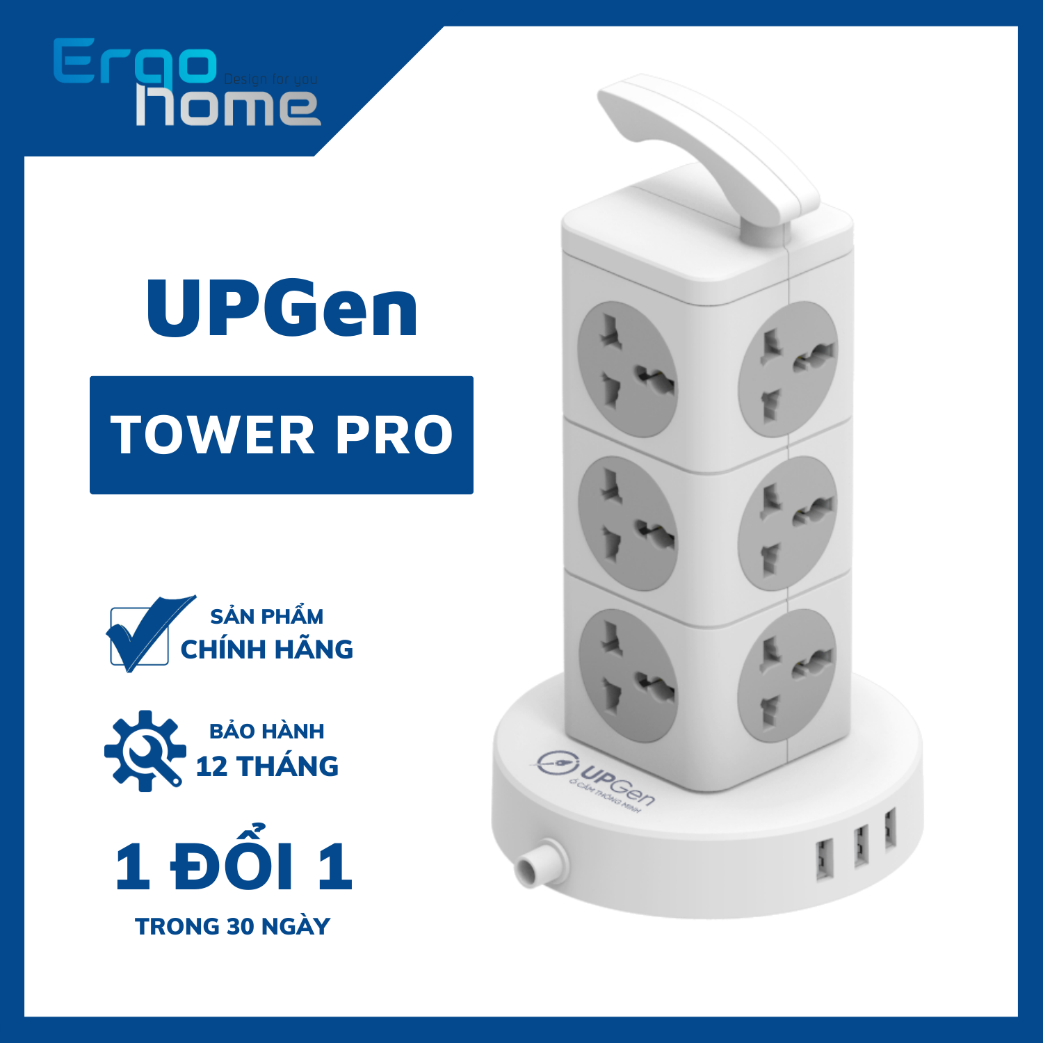 Ổ Cắm Điện Đa Năng UPGEN TOWER PRO Dạng Tháp Nhiều Tầng Chịu Tải Lớn, 3 cổng USB Sạc Nhanh, An Toàn, Chống Giật, Chống Cháy, Dây Dài 3m