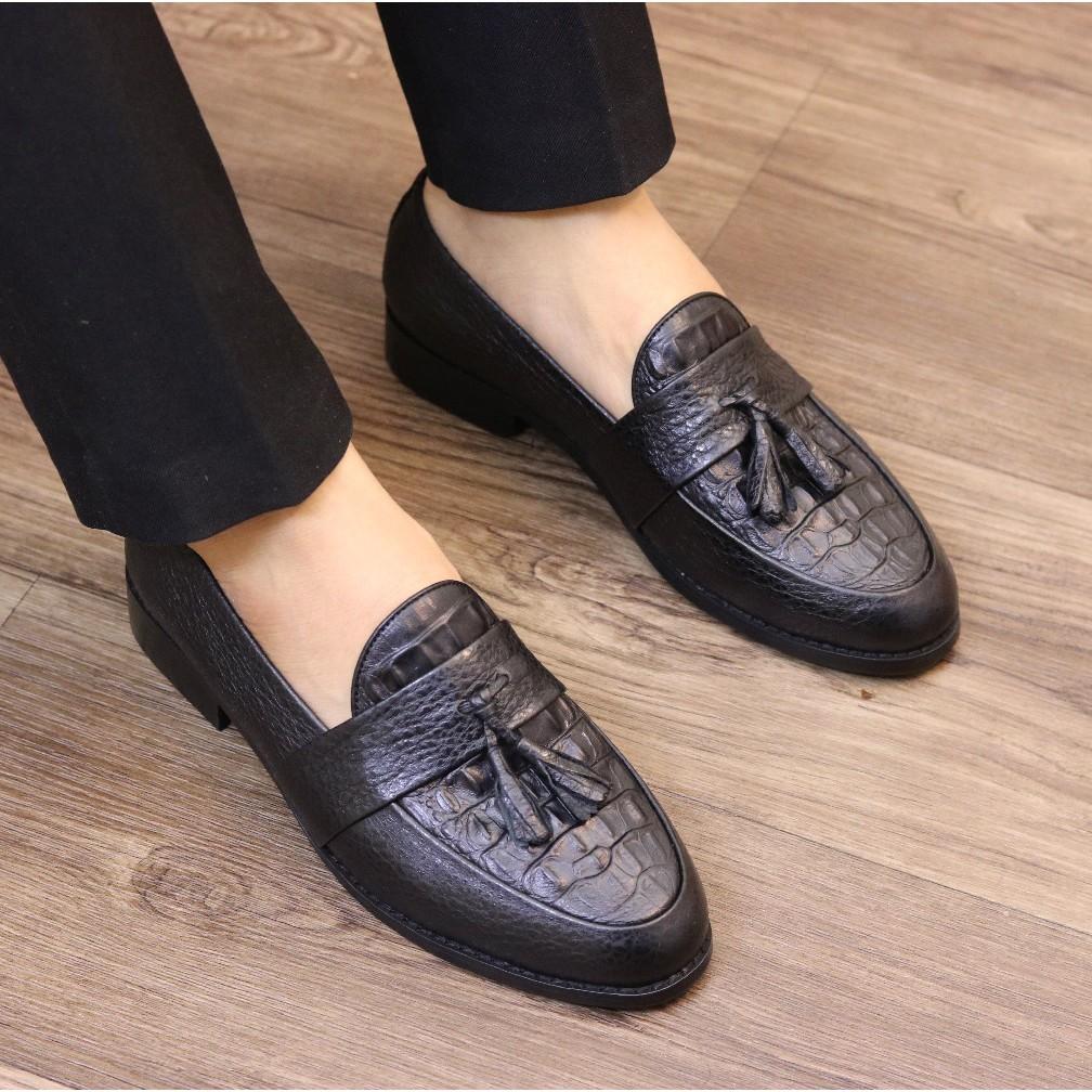 GIÀY LƯỜI NAM DA PU MỀM VÂN CÁ XẤU -  KHÂU RẤT CHẮC CHẮN - MÃ X091 ĐEN CHUÔNG.