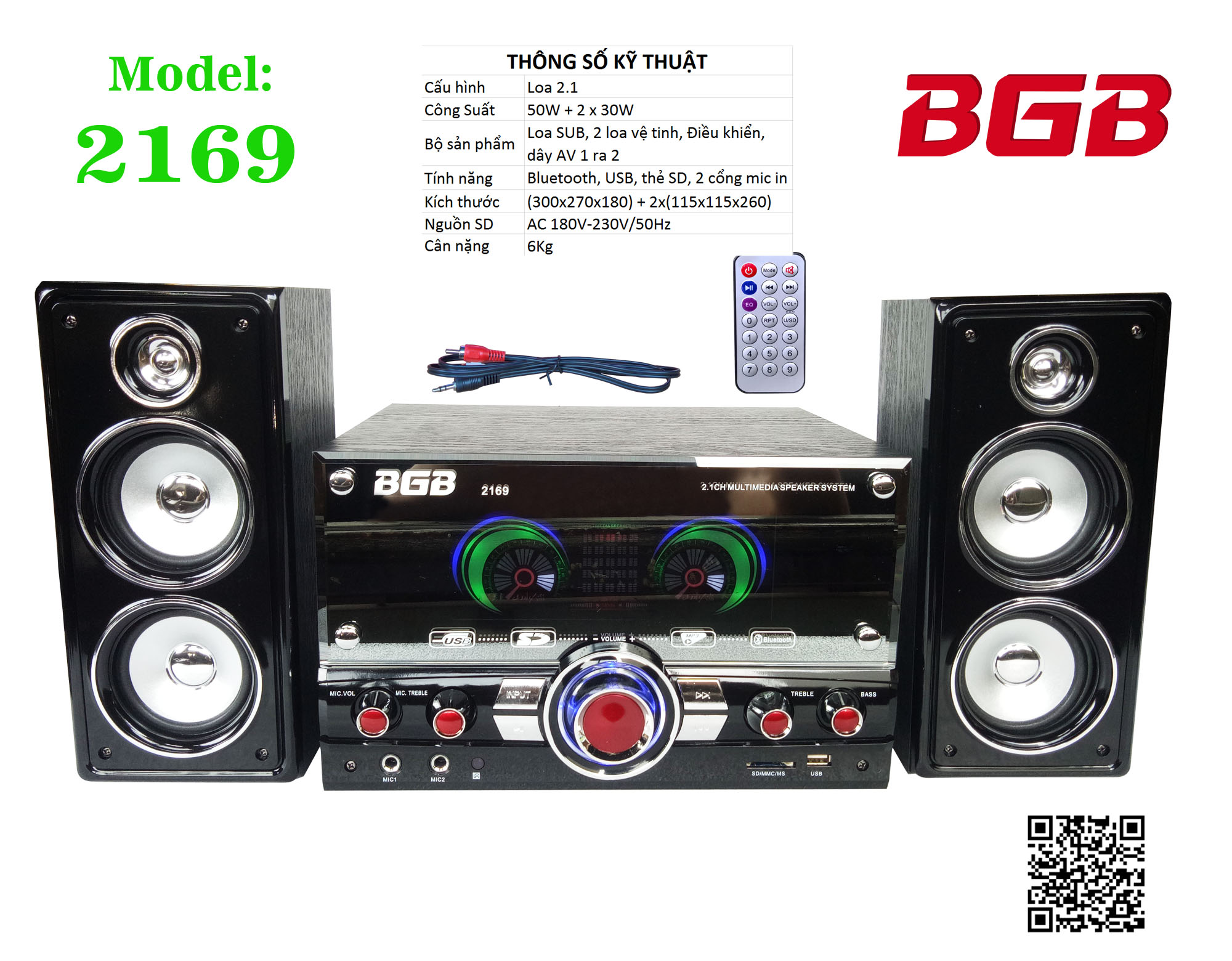 Loa vi tính 2.1 cao cấp BGB 2169 - Kết nối bluetooth - 1 loa sub 2 loa vệ tinh - Công suất lớn, bass cực căng, nghe nhạc cực bay - Mặt gương sáng bóng, đèn led sành điệu sang trọng - Có cổng 6.5mm cắm micro - Chỉnh bass treble echo - Hàng nhập khẩu