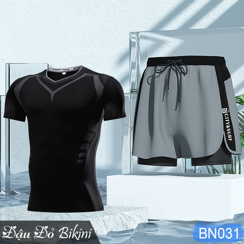 Bộ đồ bơi nam ngắn tay + quần boxer 2 lớp, họa tiết mạnh mẽ, set quần áo đi biển, đi bơi cho nam giới, chất thun bơi dày dặn mịn mát đẹp | BN031