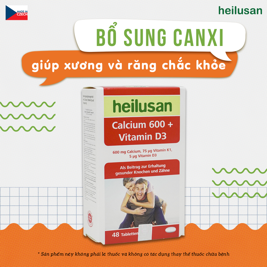 HEILUSAN CALCIUM 600 + VITAMIN D3 – BỔ SUNG CANXI GIÚP XƯƠNG RĂNG CHẮC KHỎE ( HỘP 3 VỈ X 16 VIÊN)