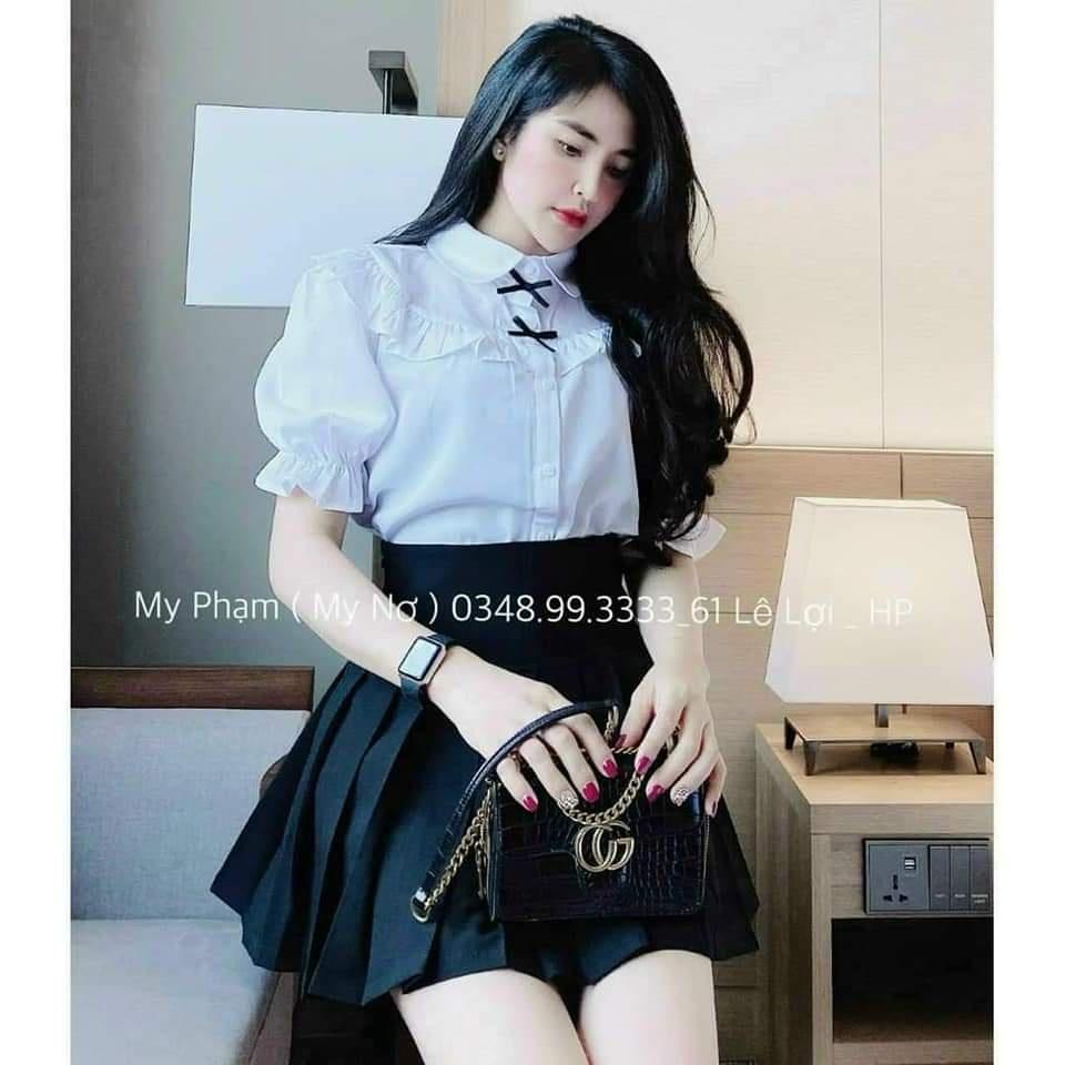 Áo Sơ Mi Nữ công sở thời trang SURI chất liệu vãi Lụa màu trắng Ngắn Tay Cổ Tròn Sen Bèo.