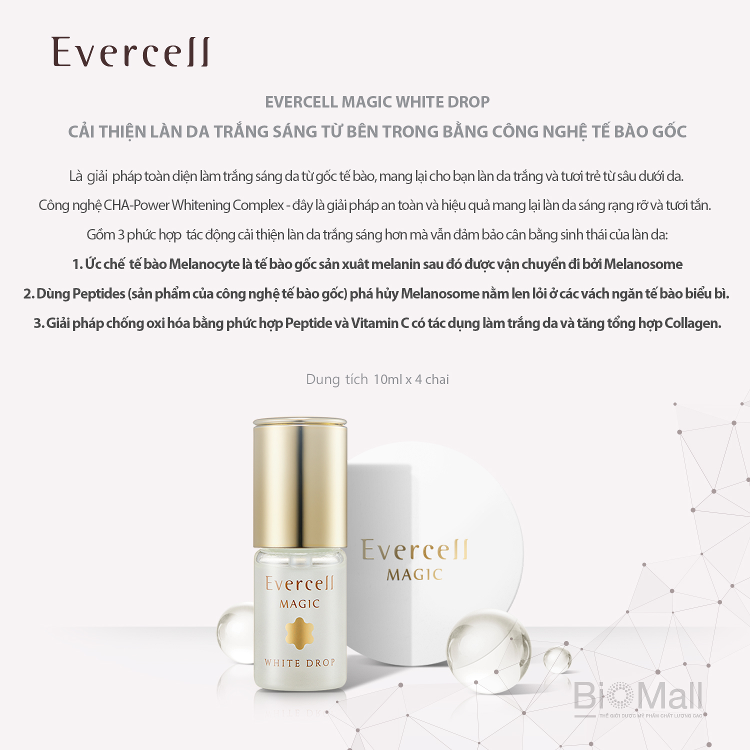 Ampoule năng lượng Tế bào gốc thần kỳ dưỡng Trắng da EVERCELL Magic White Drop 4chaix10ml