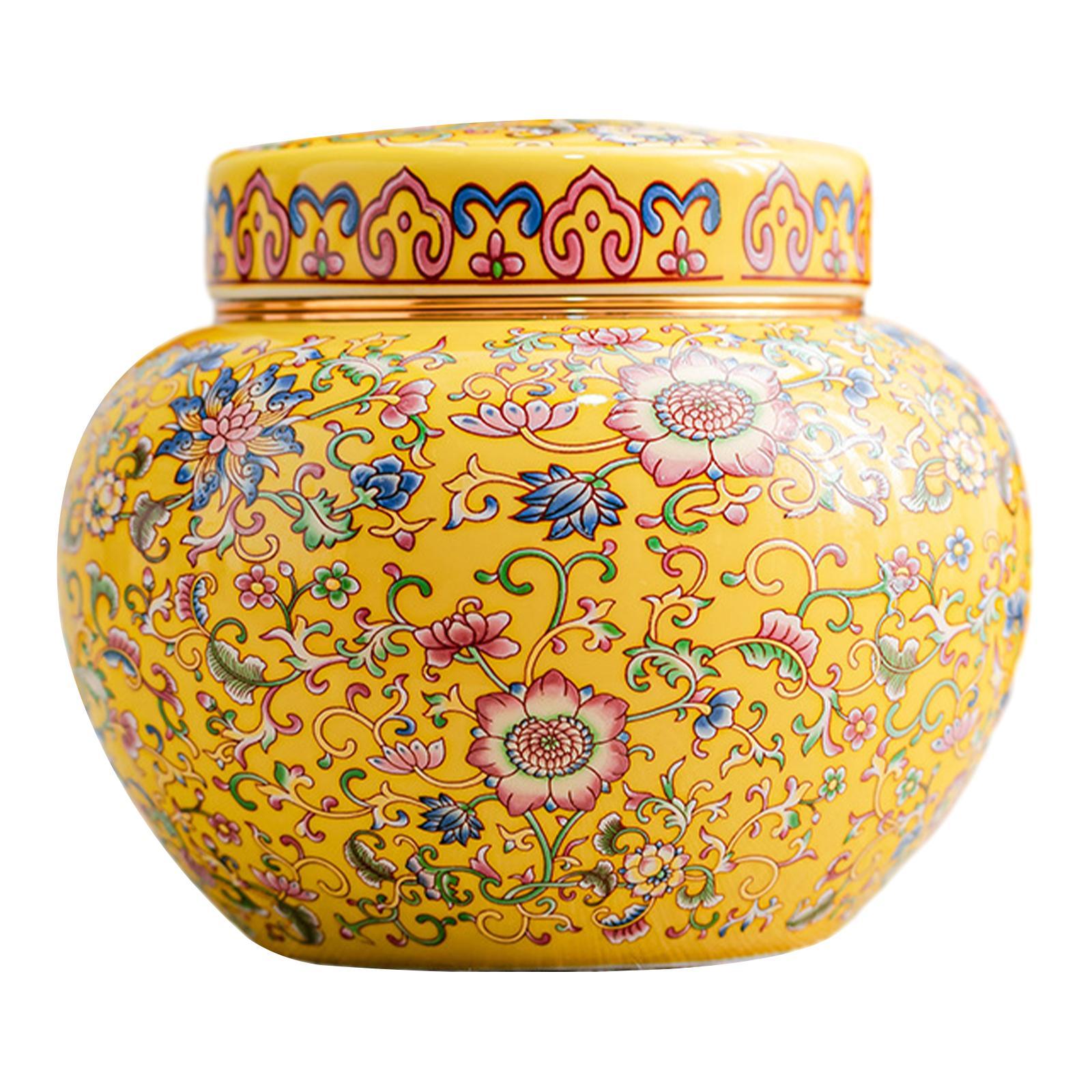 Tea Canister Floral Temple Jar with Lid Multipurpose Artwork Storage Container Desk Jar Vase Ceramic Ginger Jar for Dining Room Office Decor