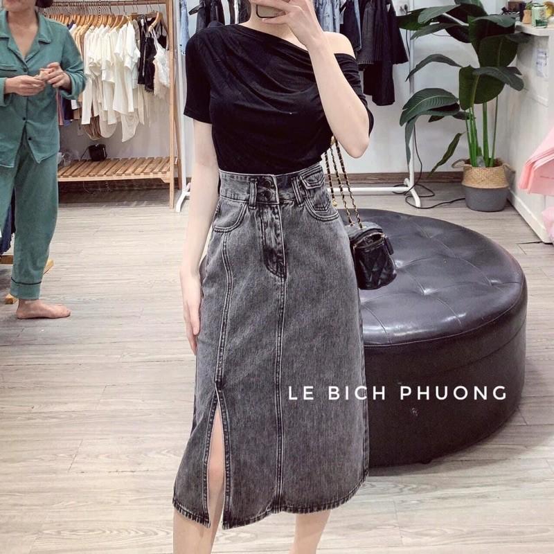 Chân váy Jean xẻ lệch cạp cao tôn dáng