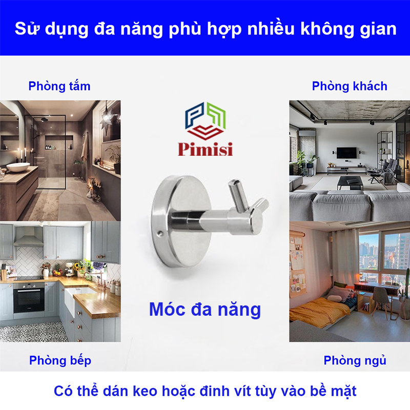 Móc treo đơn Pimisi inox 304 DÁN TƯỜNG dùng để treo quần áo - khăn tắm - phụ kiện - đồ dùng gia đình | Hàng chính hãng