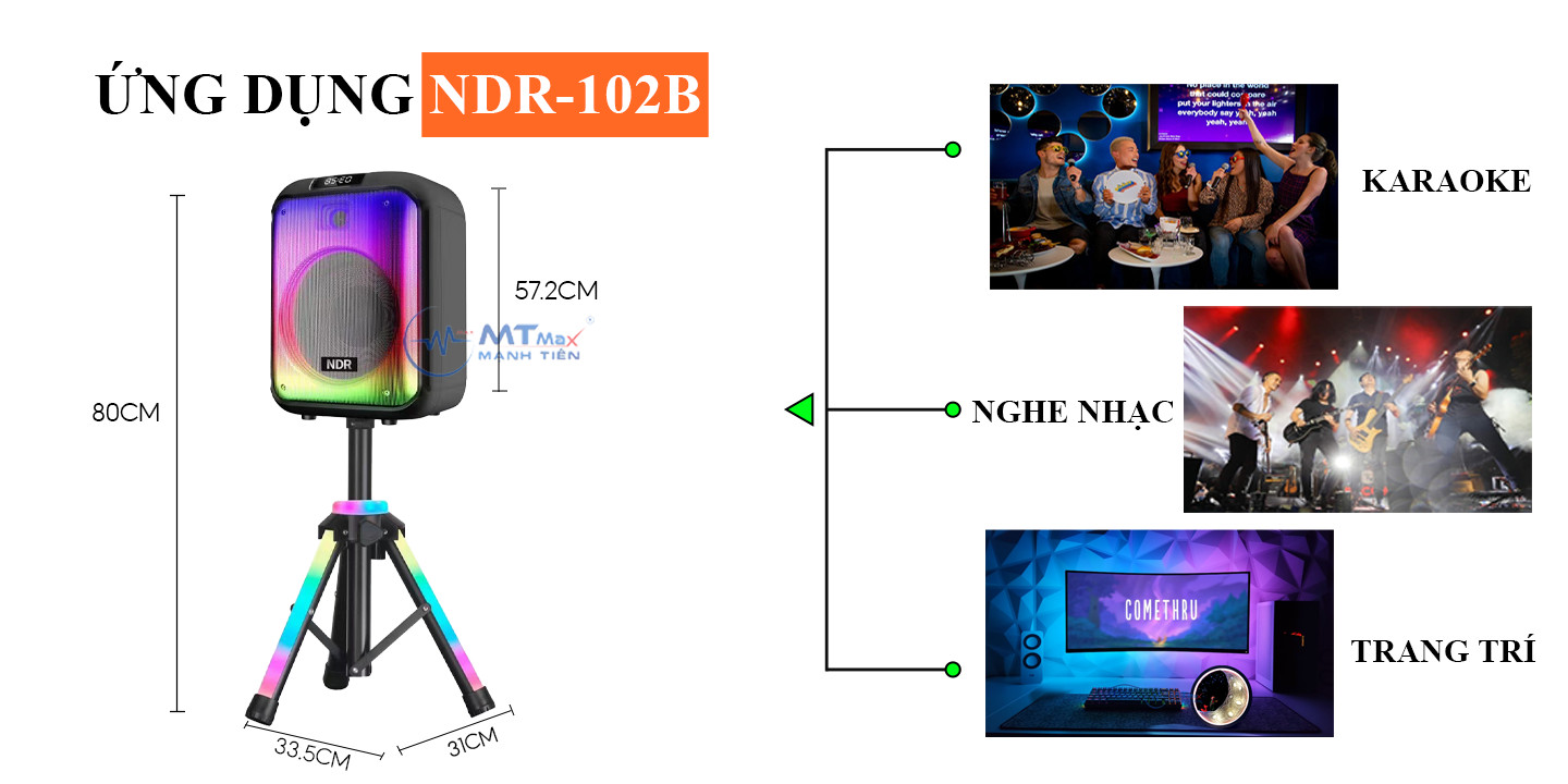 Loa Bluetooh Karaoke NDR 102B - Loa Đèn Led Cực Đẹp 7 Chế Độ, Âm Thanh Mạnh Mẽ, Trầm Ấm, Kết Nối Bluetooth, USB, TF, AUX, TWS, Đi Kèm Chân Loa Có Led RGB Và Micro Không Dây Đa Năng hàng chính hãng