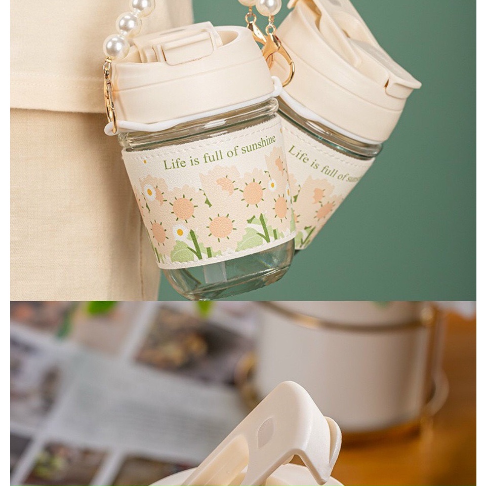 Ly Thủy Tinh Bình Nước Quai Ngọc Bao Da Hoa Chống Nóng Kèm Ông Hút Sang Chảnh 350Ml 13X8Cm
