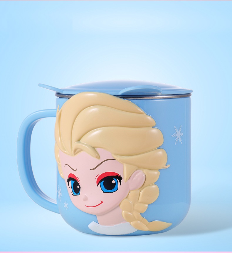 Ly inox giữ nhiệt , cốc có quai cầm 260ml hình công chúa Elsa Frozen nổi 3D màu xanh cho trẻ em , bé gái  - 97VNDP2288