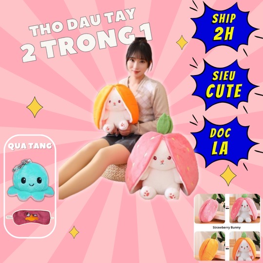 Thú nhồi bông thỏ cà rốt dâu tây 2 trong 1 - Size từ 20 đến 55cm - Quà tặng gấu bông thỏ siêu dễ thương - Gối ôm mềm mịn cho bé