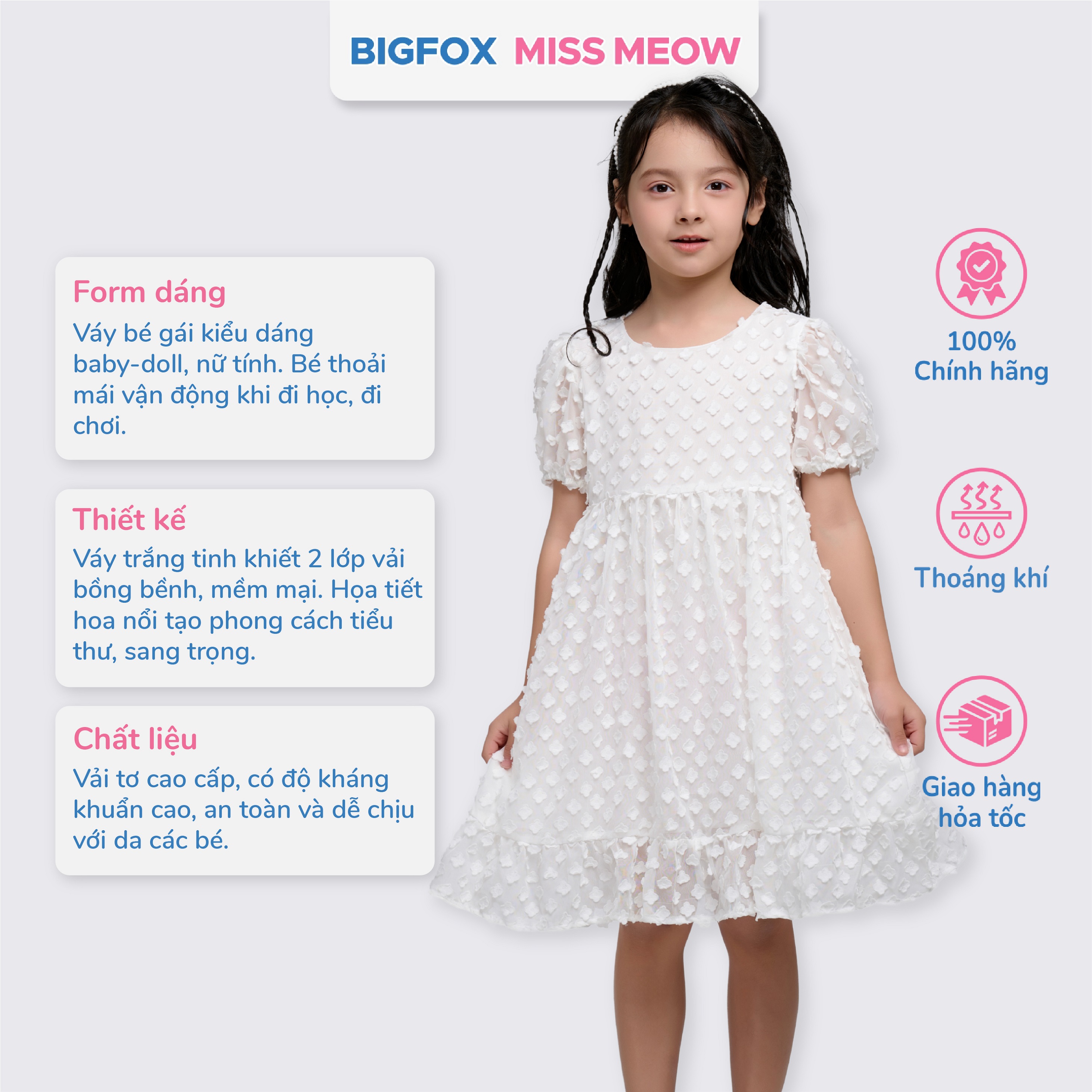 Váy trắng dự tiệc bé gái Bigfox Miss Meow, đầm công chúa tiểu thư size đại kiểu Hàn ren hoa mùa hè 3,7,9,11 tuổi 30kg