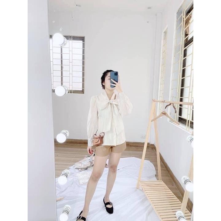 ÁO SƠ MI TƠ THẮT NƠ CỔ TAY BỒNG ĐÍNH KHUY - DRA0029