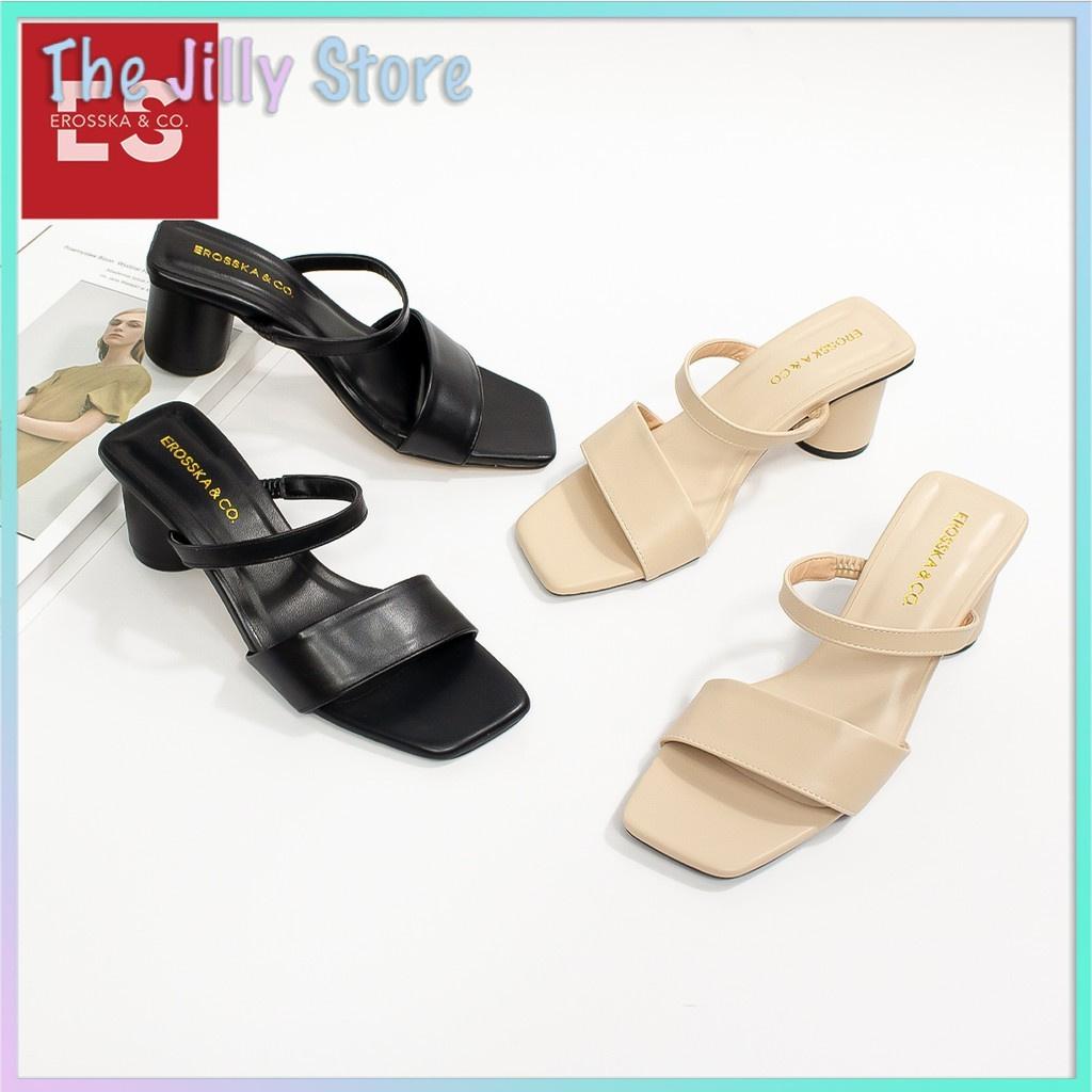 Giày sandal cao gót Erosska mũi vuông dây bảng phối gót tròn cao 5m màu đen _ EB026