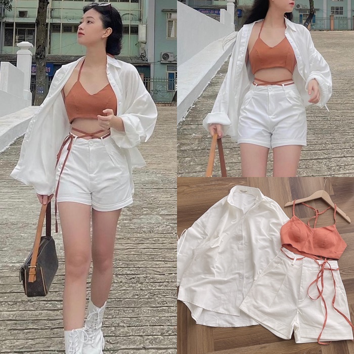 SET ÁO CROPTOP BRA BIKINI 2 DÂY YẾM ĐAN EO + ÁO SƠ MI RỘNG + QUẦN NGẮN LƯNG CAO ỐNG RỘNG SHORTS ĐI BIỂN DẠO PHỐ