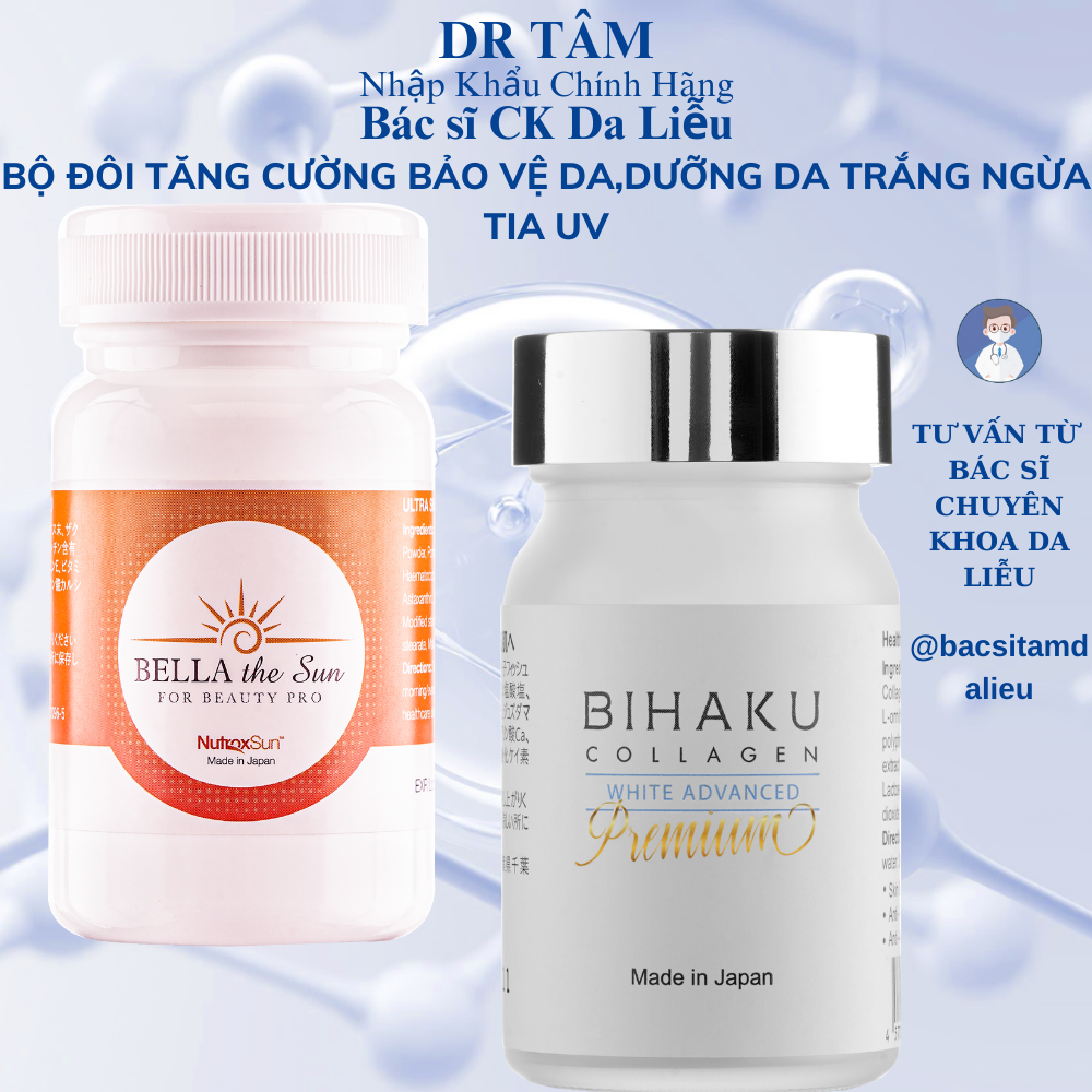Bộ đôi ngừa sạm nám trắng da BIHAKU PREMIUM COLLAGEN hộp 30v và BELLA THE SUN hộp 30v chống lão hóa mờ đốm sắc tố, căng da dưỡng ẩm, chống nắng nội sinh