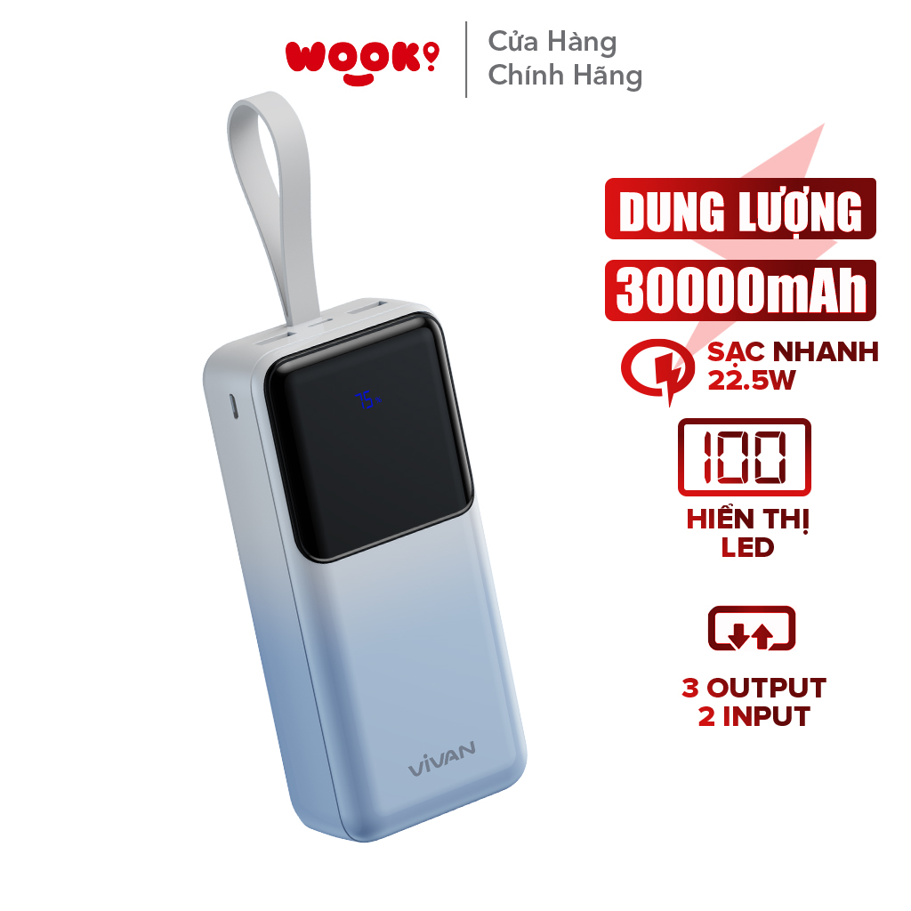 Pin Dự Phòng Sạc Nhanh VIVAN Dung lượng 30.000 mAh Sạc nhanh 22.5W QC3.0 &amp; PD 2 cổng sạc vào 3 cổng sạc ra VPB-D30 BH 12 THÁNG - HÀNG CHÍNH HÃNG