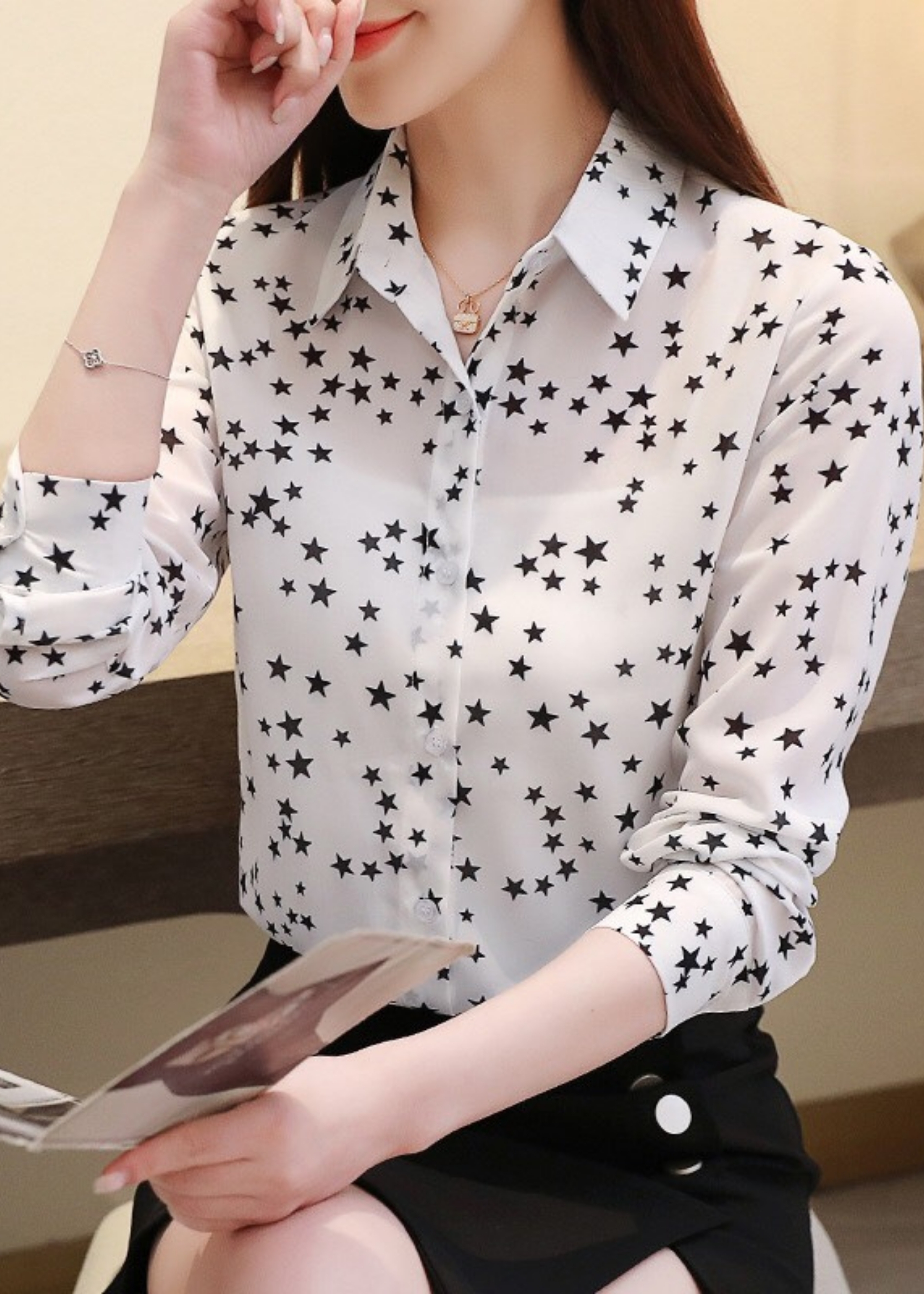 Áo Sơ Mi Nữ Kate Dài Tay Phối Ngôi Sao Thời Trang