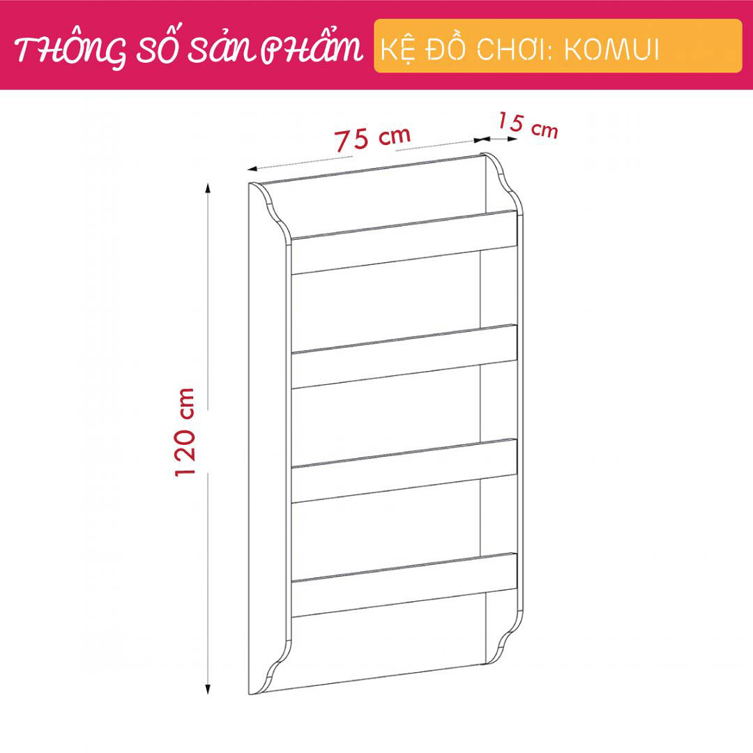 Kệ để đồ chơi cho bé SMLIFE Komui | Gỗ MDF dày 17mm chống ẩm | D75xR15xC120cm