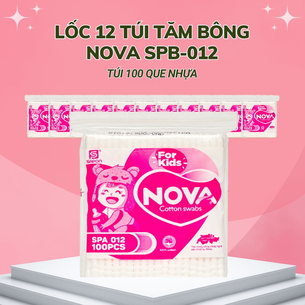 Lốc 12 túi Tăm bông Nova trẻ em thân nhựa túi 100 que SPB-012