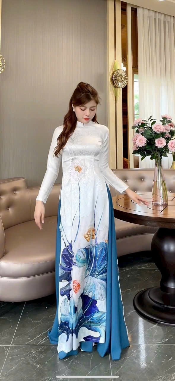 Set áo dài gấm truyền thống in hoa 6D tay dài duyên dáng