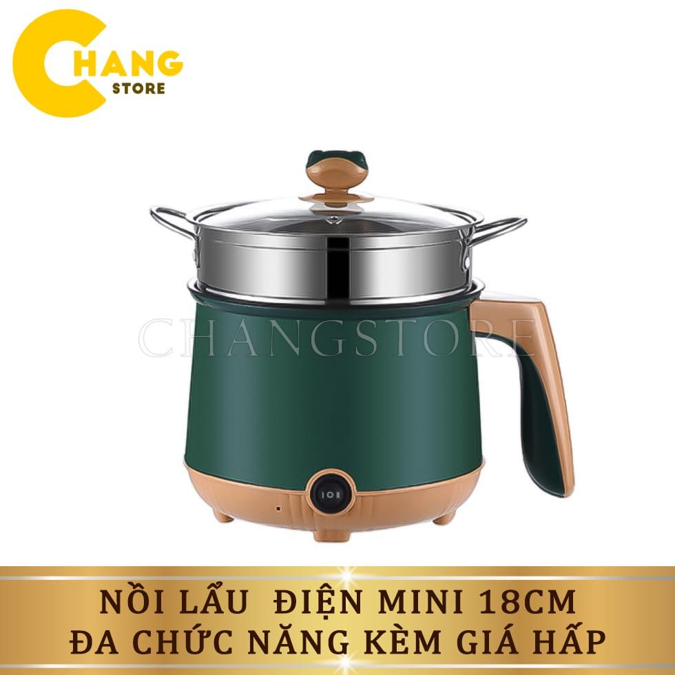 Nồi Lẩu Điện Mini 18CM Kèm Giá Hấp Inox, Ca Nấu Mì Đa Năng 2 Nấc Nhiệt Đa chức năng Cao Cấp