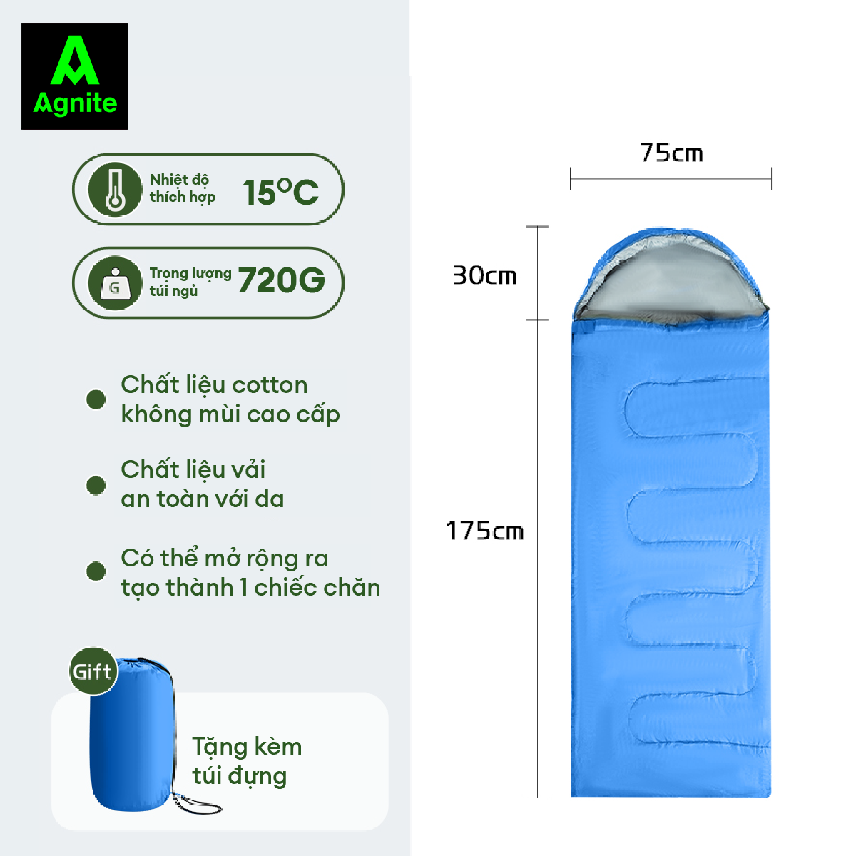 Túi ngủ văn phòng siêu ấm Agnite chính hãng, túi ngủ picnic, dễ dàng gập gọn, chống thấm nước, nhỏ gọn mang đi dễ dàng