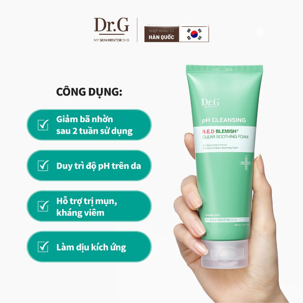 Sữa Rửa Mặt Dành Cho Da Mụn, Nhạy Cảm Dr.G pH Cleansing R.E.D Blemish Clear Soothing Foam 150ml