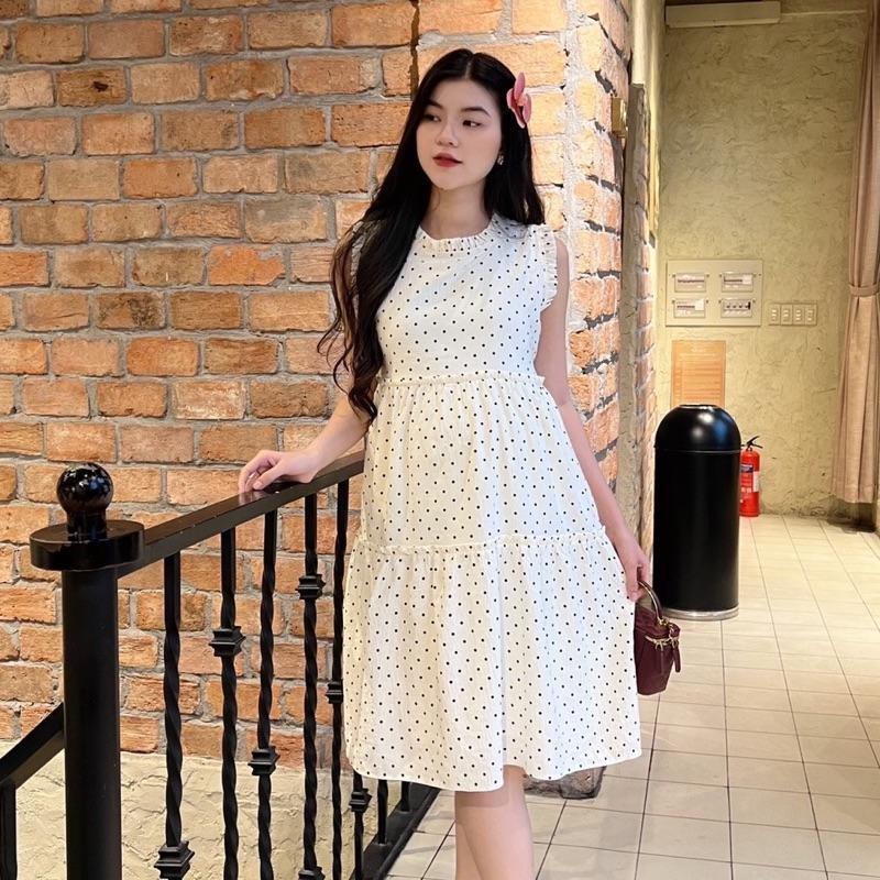 Đầm bầu chấm bi cổ xếp bèo phối tùng liền dễ thương  chất cotton Hàn ( 2 lớp ) - Trắng kem