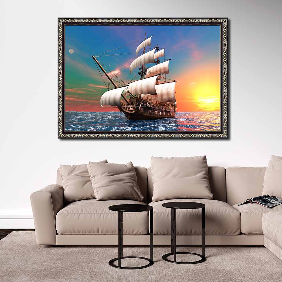 Tranh canvas phong thủy treo tường - Thuận buồm xuôi gió - TBXG009 - Khung hoa văn sang trọng - 120x80cm