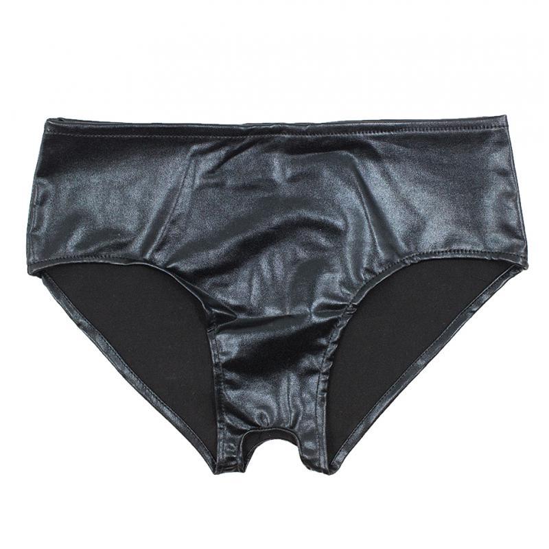 Women's Sexy Wet Look PVC Leather Open Crotch Mini Briefs Boyshorts Panties