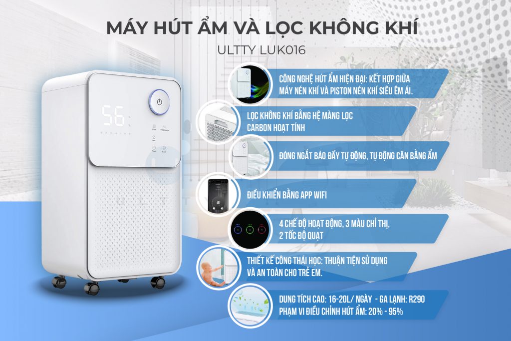 Máy Hút Ẩm &amp; Lọc Không Khí ULTTY LUK016 Công suất 16-20L/Ngày - Hàng Chính Hãng